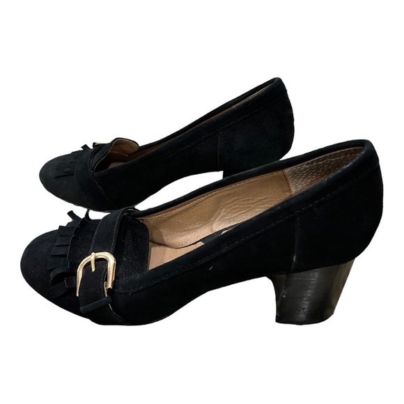 Adrienne Vittadini Black Suede Ginty Pumps Size 10 Block Heel Loafer Buckle - Picture 1 of 10